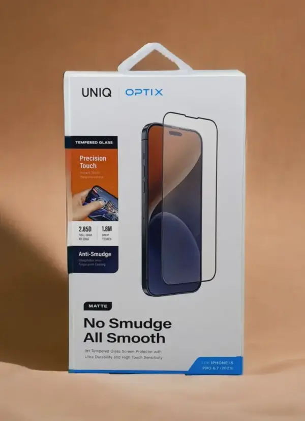 UNIQ OPTIX 9H TEMPERED GLASS SCREEN PROTECTOR WITH DURABILITY AND HIGH TOUGH SENSITIVITY FOR IPHONE 15 PRO | MATTE